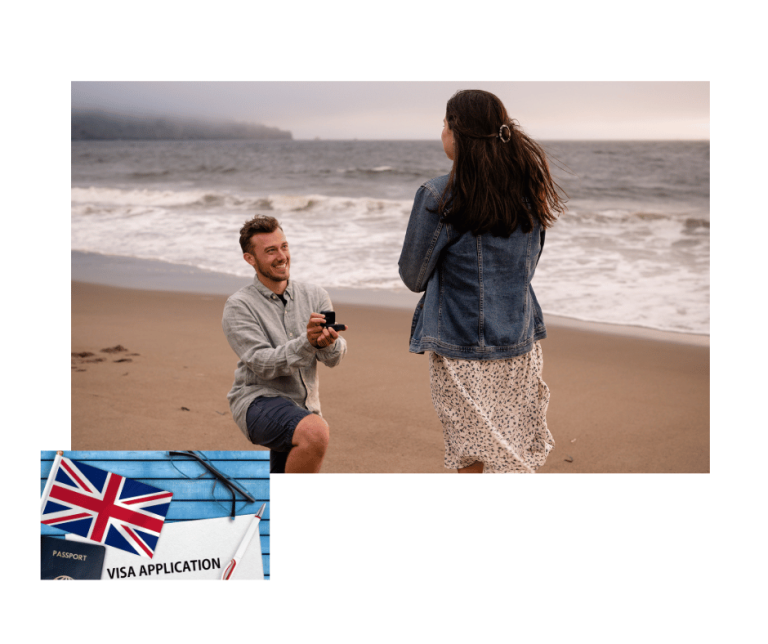 Couple on a beach celebrating engagement for a UK Fiancé Visa application